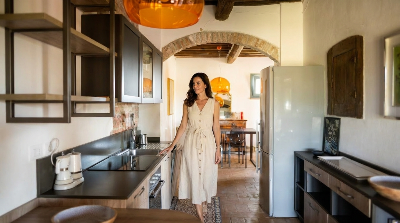 Interno del casale: cucina rustica con arco in mattoni